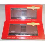 Bachmann:- 93302 "LS" box car red and 93370 "G" box car brown, each boxed.