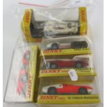 Dinky boxed racing/rally cars: no 210 Alfa Romeo, no 132 Ford 40-RV, no 220 Ferrari P5,
