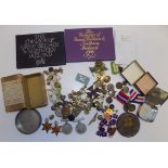 WWII medal, defence medal, 1939-45 and France and Germany stars, together with badges,