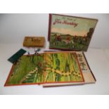 "The Game of Fox Hunting" and early Spears board game with four lead "Flat" hunts persons,