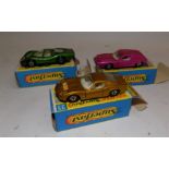 Matchbox 1/75 Superfast :- No. 5 Lotus, No. 33 Lamborghini and No. 45 Ford group 6, each boxed.