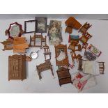 A quantity of wood dolls house furniture, some early 20th century mirrors, frames etc.