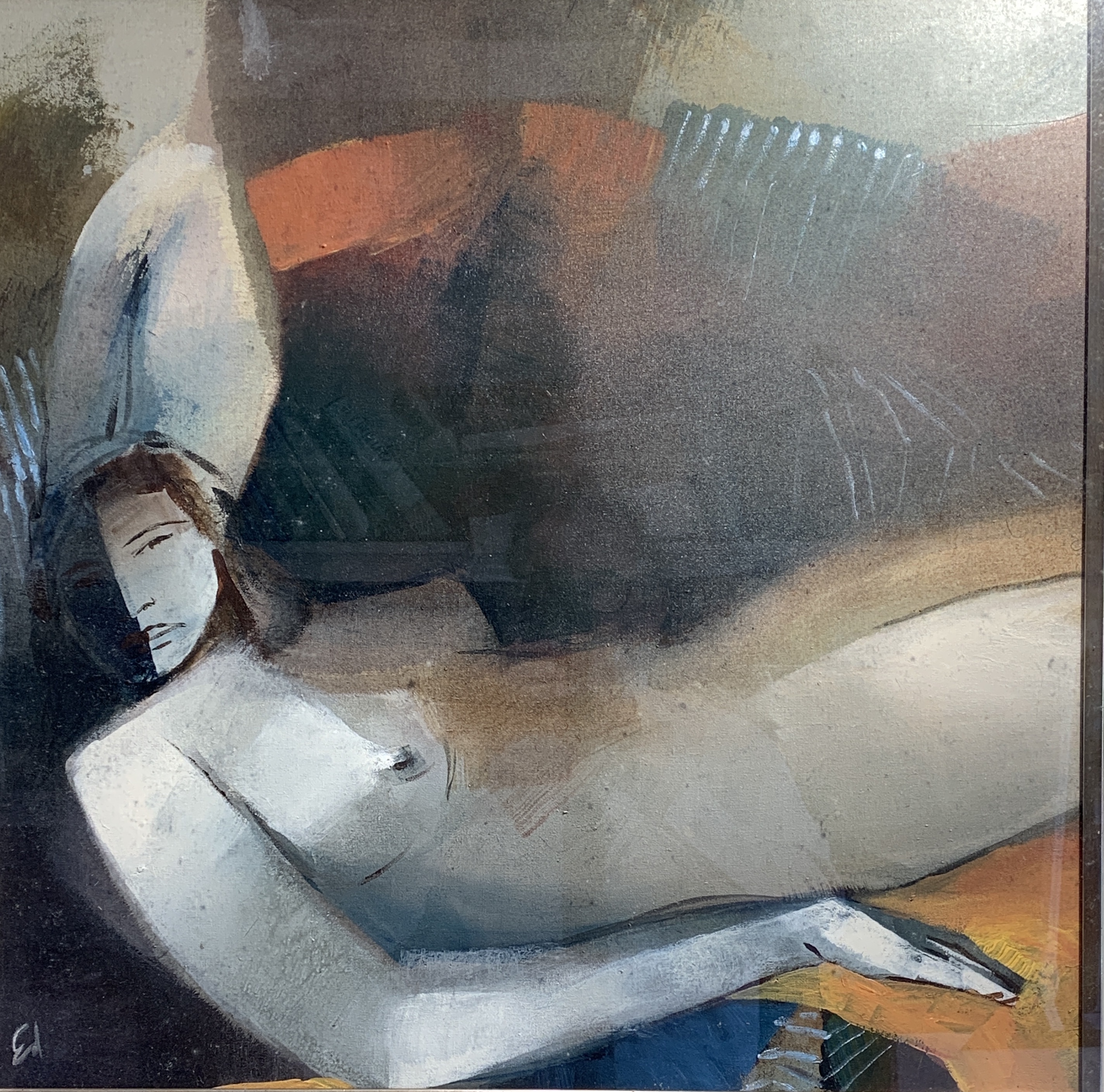 Ed HOSKEN Reclining nude Mixed media Signed 56 x 56cm