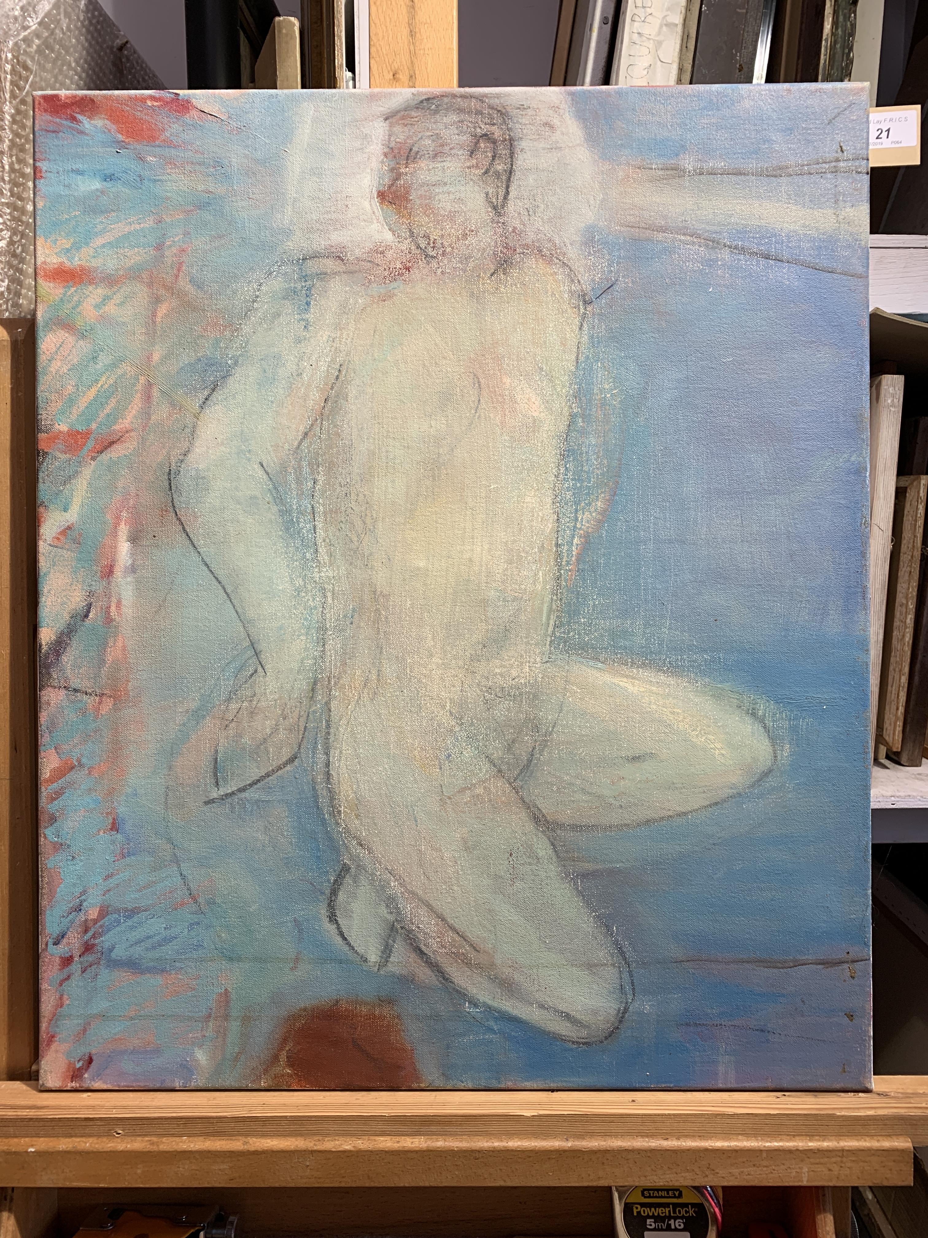 Rose HILTON (1931-2019) Kneeling Nude Oil and mixed media on canvas Studio seal to the back 61 x