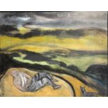 Elizabeth HUNTER (1935) Fox and sleeping figure Oil on canvas Initialled 61 x 76cm This very