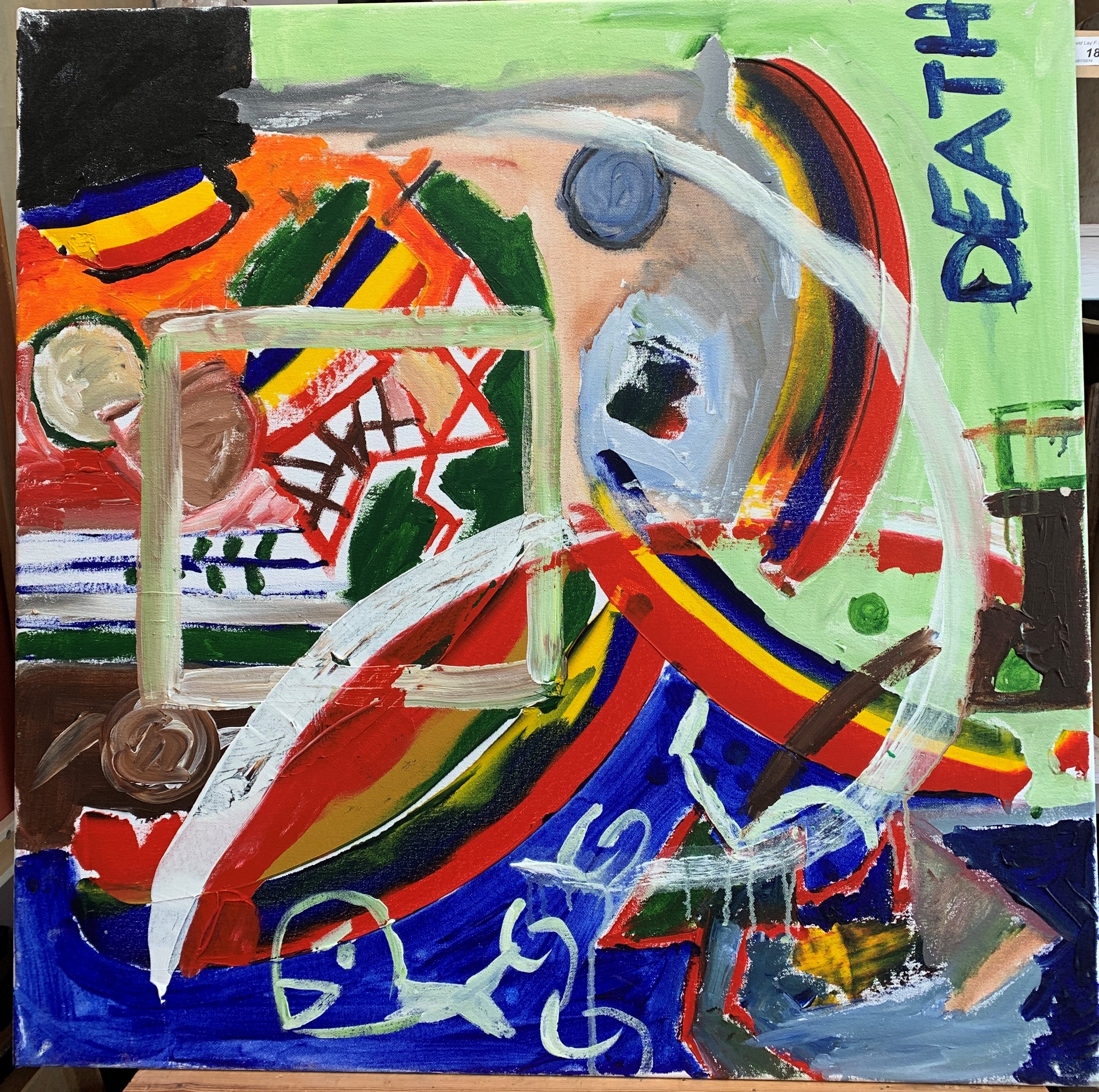 Fergus HILTON (1966) Death Acrylic on canvas Signed and inscribed to the back 76 x 76cm This