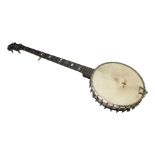 A five string banjo, full length 92cm, cased.