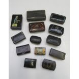 A collection of shell, lacquer and ebonised snuff boxes, 19th century, 10cm and smaller.