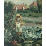 English School, late 19th/early 20th Century Young Girl Gathering Vegetables in a Garden