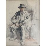 French School, early 20th Century Sketch of a Seated Gentleman Holding a Walking Cane