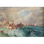 English School, late 19th Century Maritime Scene with Figures in an Open Boat Looking towards a