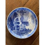 A Spode blue and white footed dish, transfer printed with a landscape view with cattle being