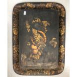 A Victorian tole-peinte tray painted with fruit. (Dimensions: 82cm x 58cm)(82cm x 58cm)