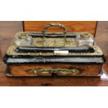 A Victorian walnut and brass bound ink stand. (Dimensions: Height 27cm , width 16.5cm)(Height 27cm ,