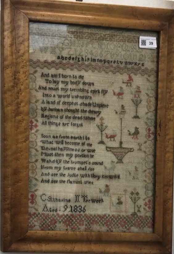 A 19th century needlework sampler, worked by Catharine Treweek aged 9, 1836, decorated with alphabet - Image 2 of 2