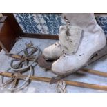 A pair of bamboo skis, a pair of ice skates and a pair of alpine boots, (Qty: 6)