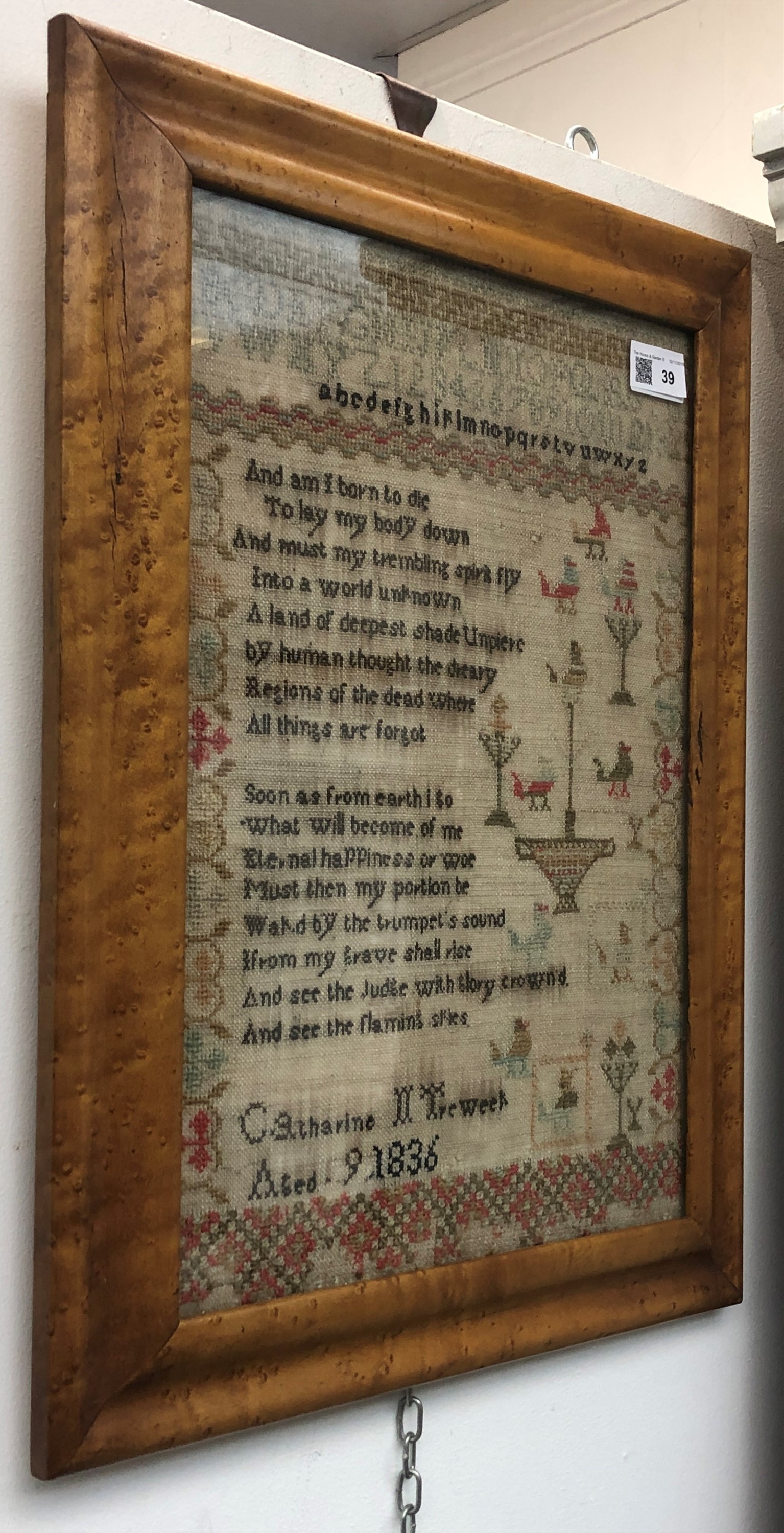 A 19th century needlework sampler, worked by Catharine Treweek aged 9, 1836, decorated with alphabet