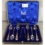 Six silver George III Old English pattern engraved teaspoons and a pair of Victorian silver sugar