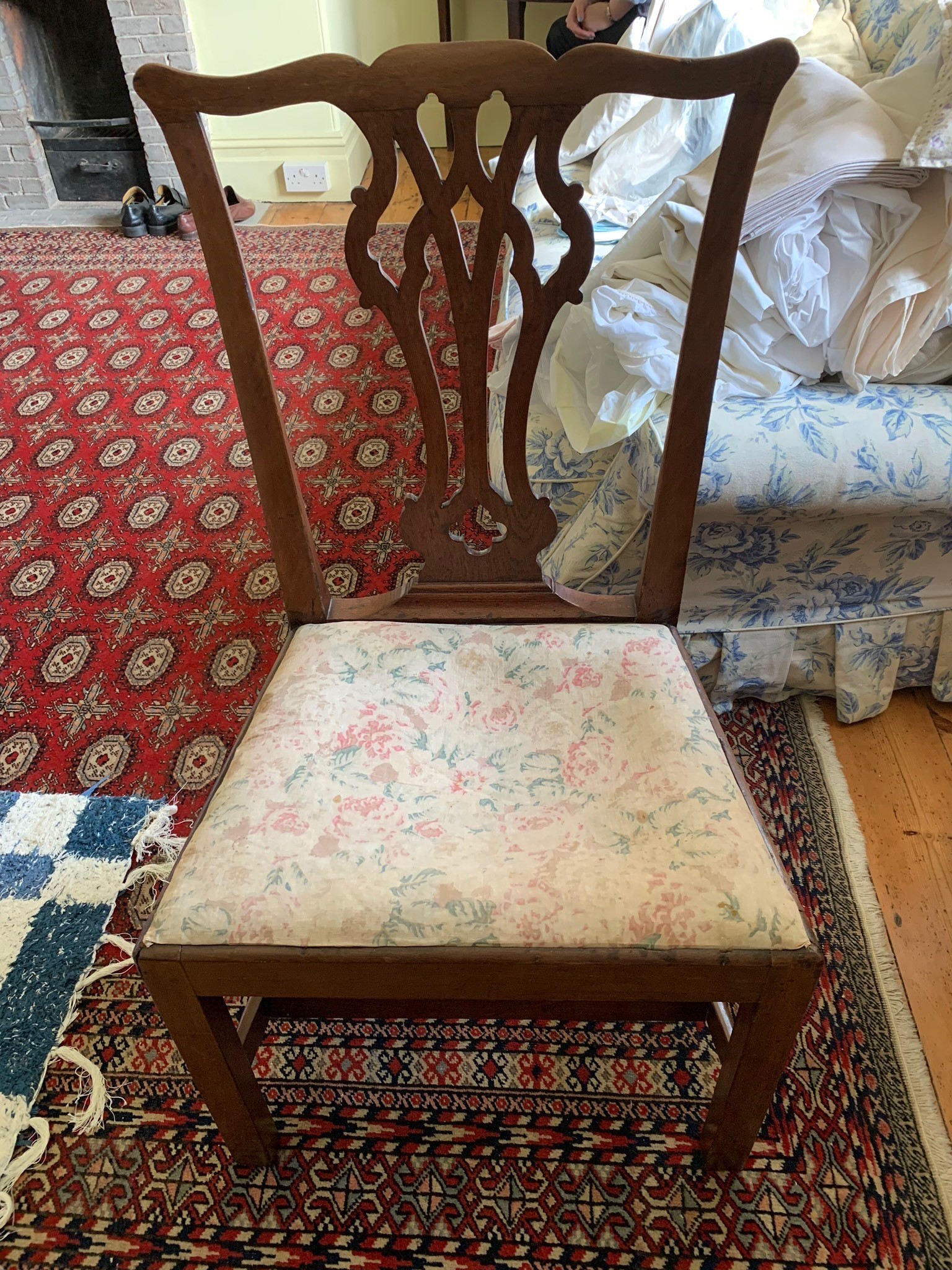 A George III mahogany dining chair, height 95cm, and a screen (2).