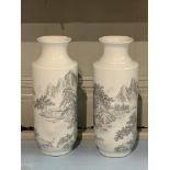 A pair of Chinese Republic porcelain rouleau form grisaille painted vases, each showing a lakeside