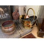 A pair of Victorian carved mahogany fire bellows, a brass coal bucket, a copper bowl and