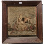 A Victorian woolwork picture depicting a courting couple, inscribed 'Bridget Fisher's Work,