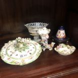 A English porcelain floral encrusted cornucopia vase, height 12cm, and four other items of