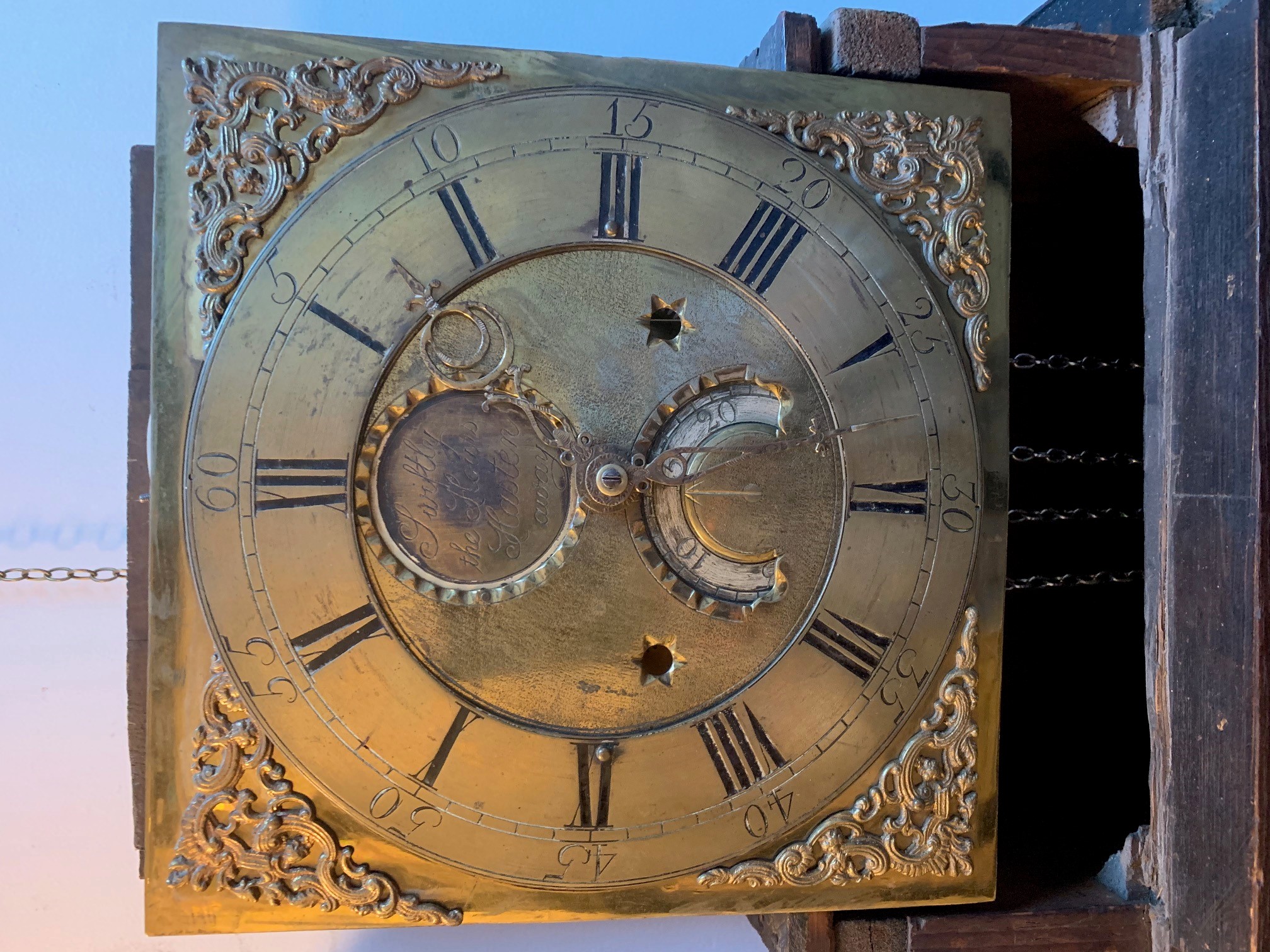 A George III oak 30 hour longcase clock, with a square brass dial inscribed 'Swiftly the Hours - Image 2 of 5