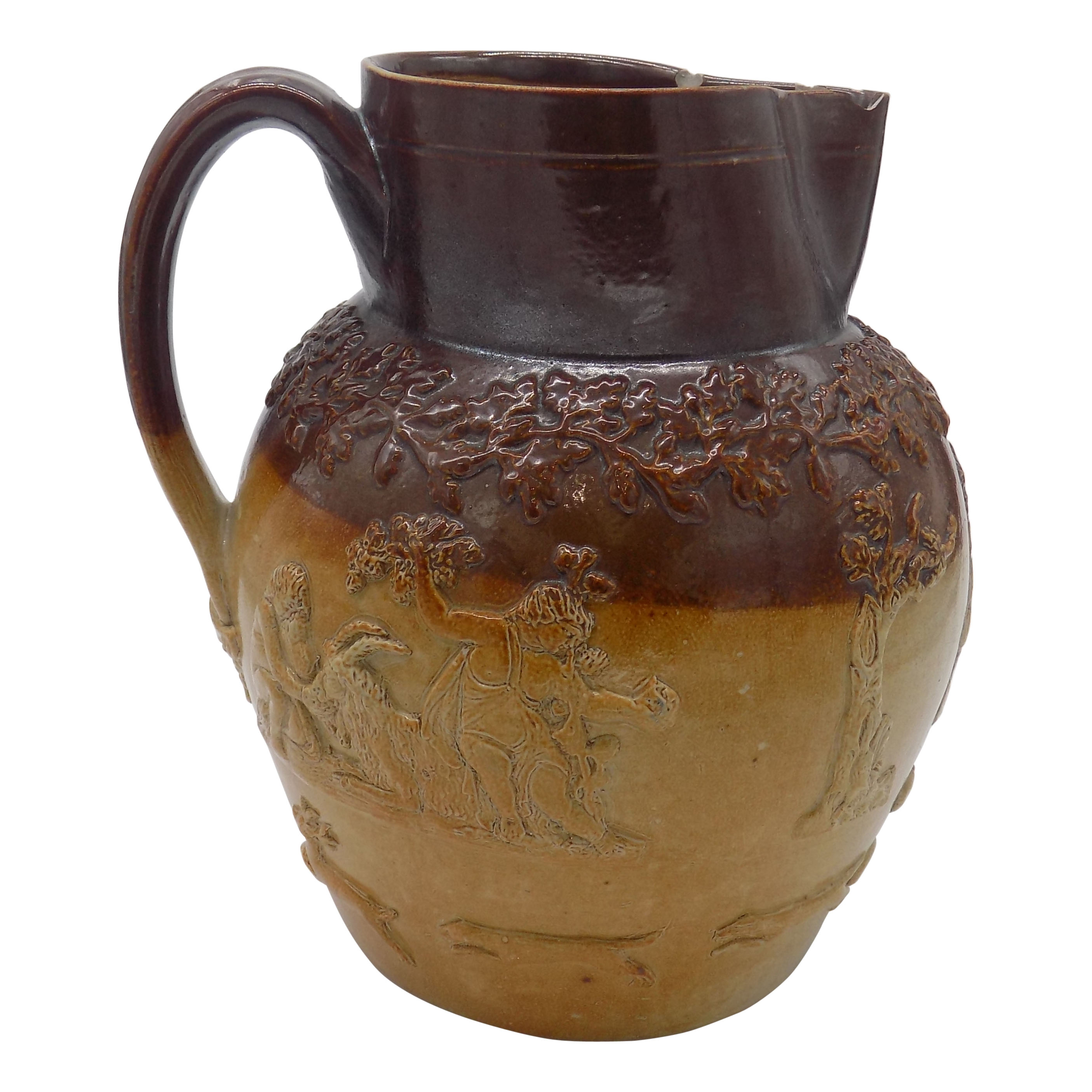 A late 18th century saltglaze harvest jug, moulded with Britannia, ship and lion and other - Image 3 of 4
