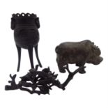 A Japanese bronze koro, 11cm high, a bronze sculpture of a flowering branch and a model of a pig (