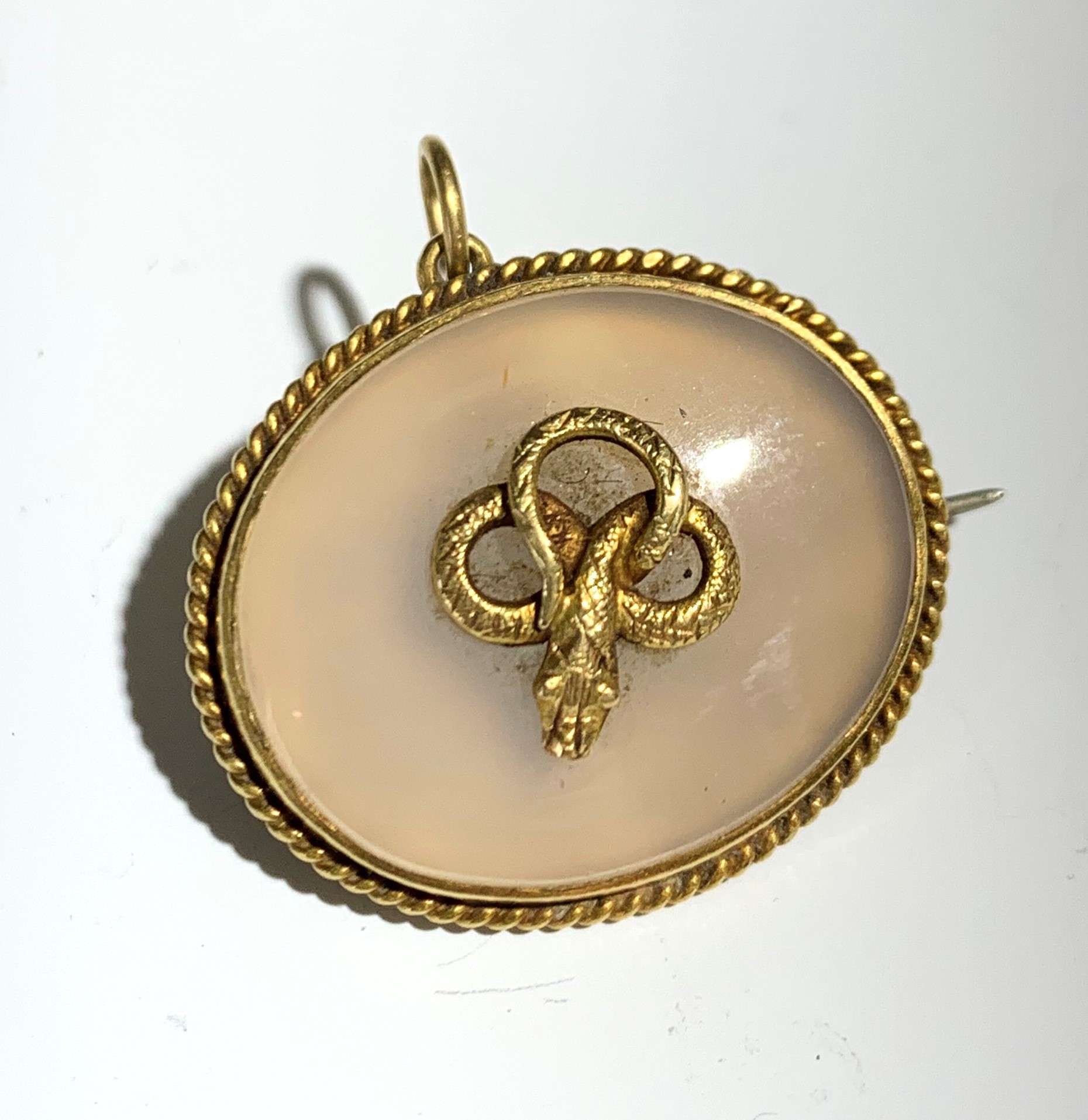 A Victorian gold mounted chalcedony oval pendant/brooch, at the centre a coiled snake.