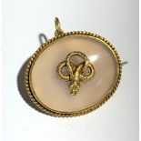 A Victorian gold mounted chalcedony oval pendant/brooch, at the centre a coiled snake.