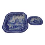 An early 19th century square blue transfer printed dish in the 'Monopteros' pattern, attributed to