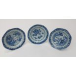 Three Chinese Blue and white porcelain shallow dishes, 18th century. (Dimensions: Diameter 22cm.)(