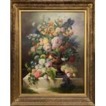 Edward BASKER (1908-1972) Still life of flowers and fruit in a classical urn Oil on board Signed (