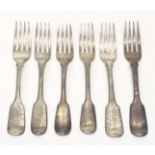 Six various silver fiddle pattern dessert forks, mostly late Georgian, 8.7oz.