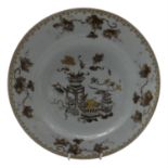 A Chinese export porcelain grisaille painted and gilt decorated plate, 18th century. (Dimensions: