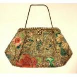 Fine evening clutch purse of Chinese embroidery in coloured silks and metallic threads. Finely