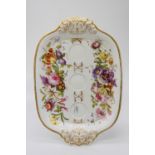 A Rockingham porcelain stand, circa 1830, with moulded and gilt foliate handles, painted floral