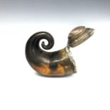 A Scottish snuff mull with plain silver mounts. The hinged lid set with a cabouchon agate.