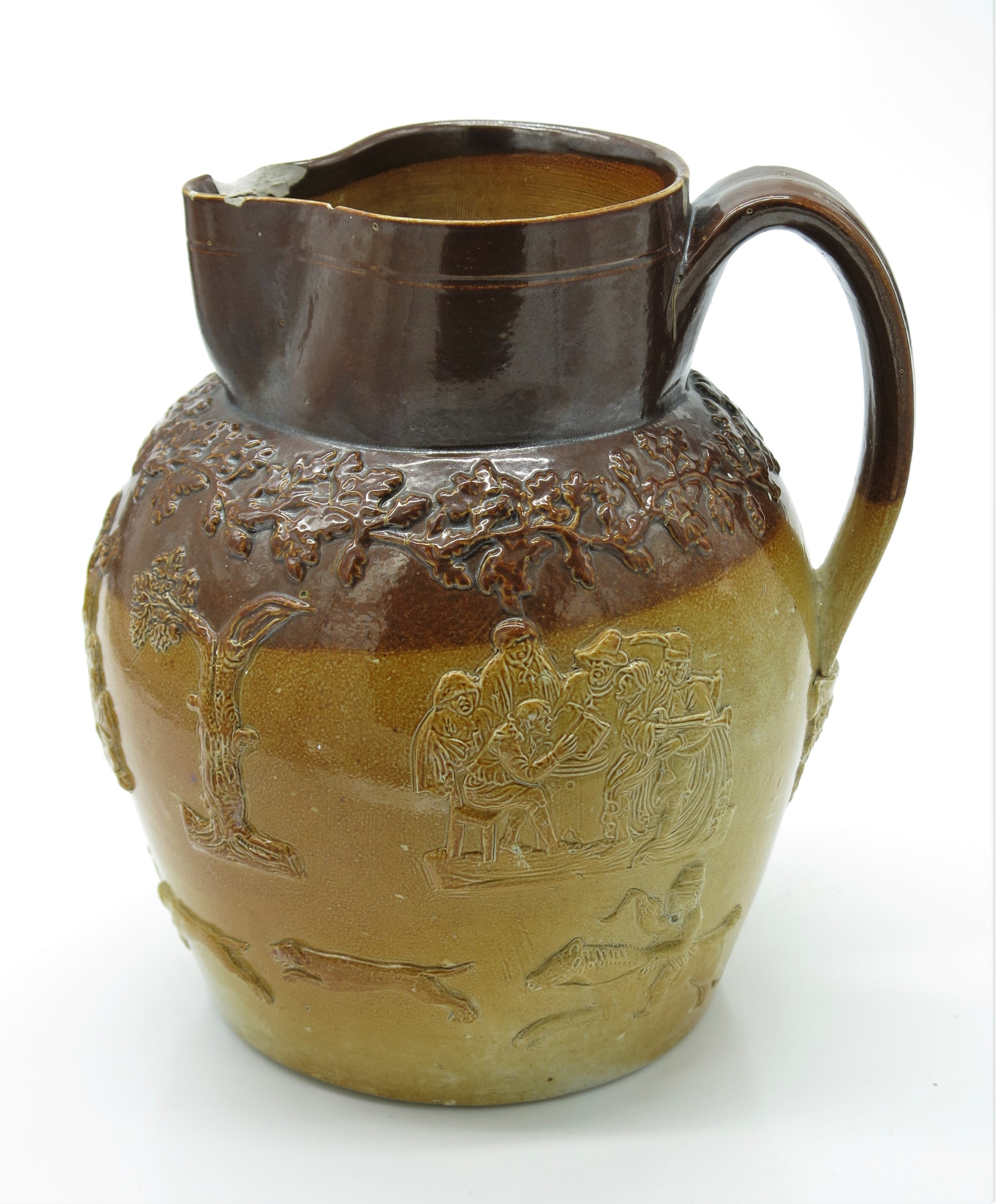 A late 18th century saltglaze harvest jug, moulded with Britannia, ship and lion and other - Image 2 of 4