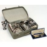 Three silver plated entree dishes, a large quantity of plated cutlery, a pair of salts etc.