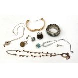 Costume jewellery, including a 9ct gold metal core bangle and a Victorian penny locket.