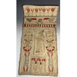 An early 20th century Ancient Egyptian design embroidered panel, decorated with a figure and motifs.
