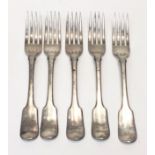 A set of five Georgian silver fiddle pattern table forks, 11oz.