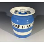 A T.G.Green Cornishware 'Soap Flakes' storage canister with lid. (Dimensions: Height 14cm.)(Height