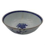 A large Chinese blue and white export porcelain punchbowl, 18th century, decorated with a balcony