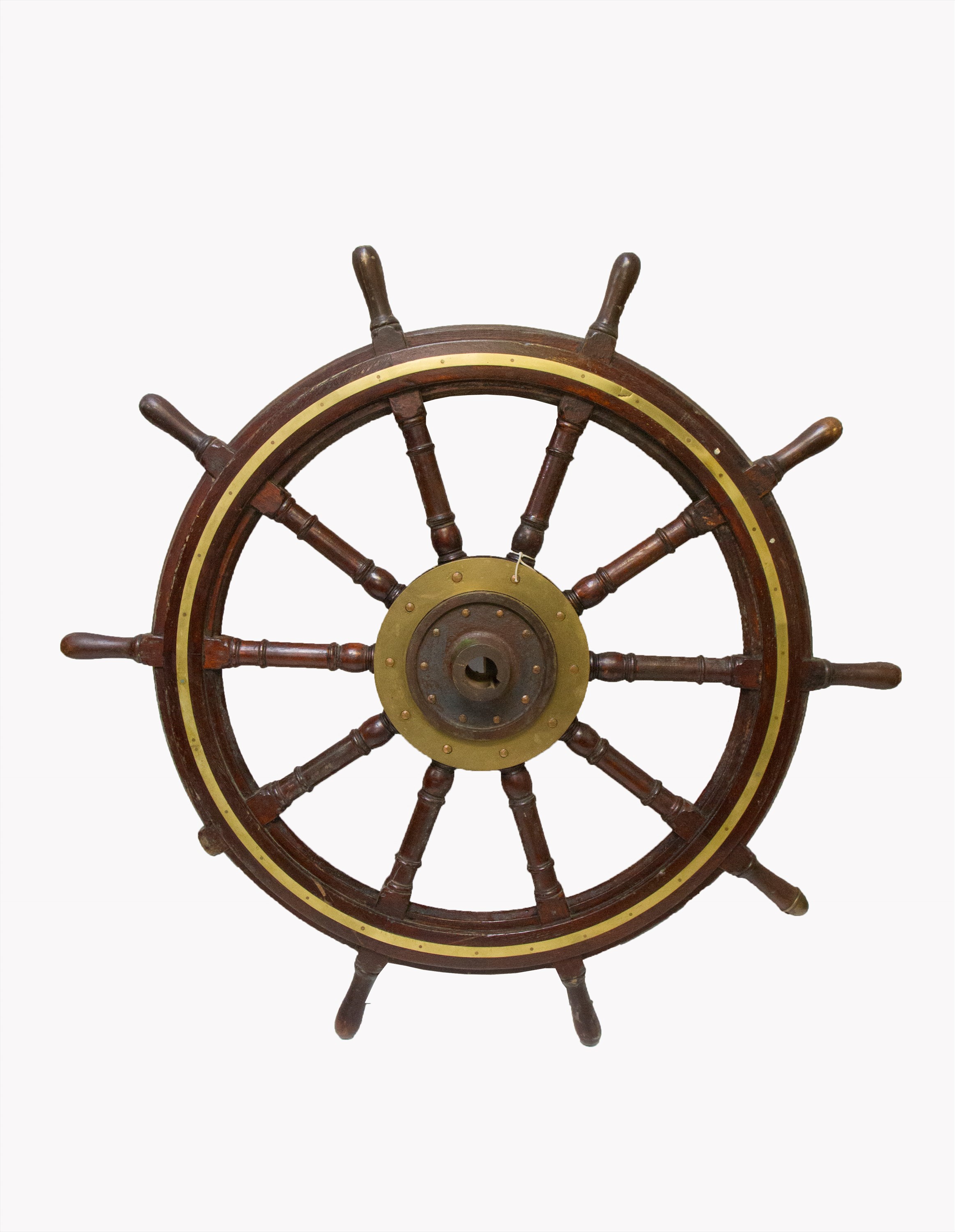 A 19th century hardwood brass mounted ship's wheel, the ten spokes with turned ends (one