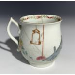 A rare Worcester coffee cup with ear shaped handle, decorated in colours with a Chinese garden scene