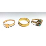 A Victorian 18ct gold chased band and two other gold rings. 5.6gm.